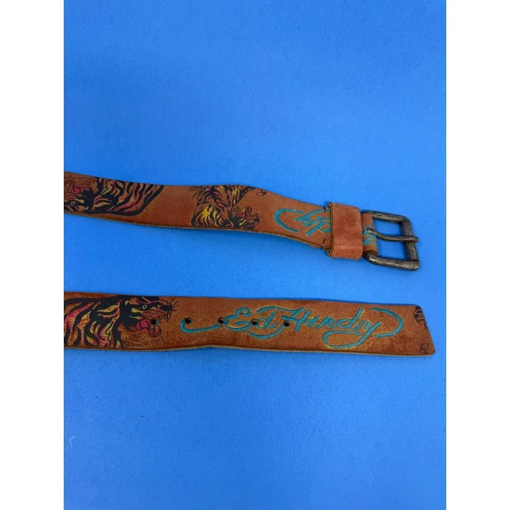 Vtg Ed Hardy Brown Tan Tiger Grafitti Genuine Leather Belt EH0008 Mens L Y2K